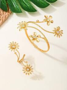 Juego de brazalete y anillo de apertura sencilla con múltiples círculos, estilo clásico retro (sin estuche de regalo)