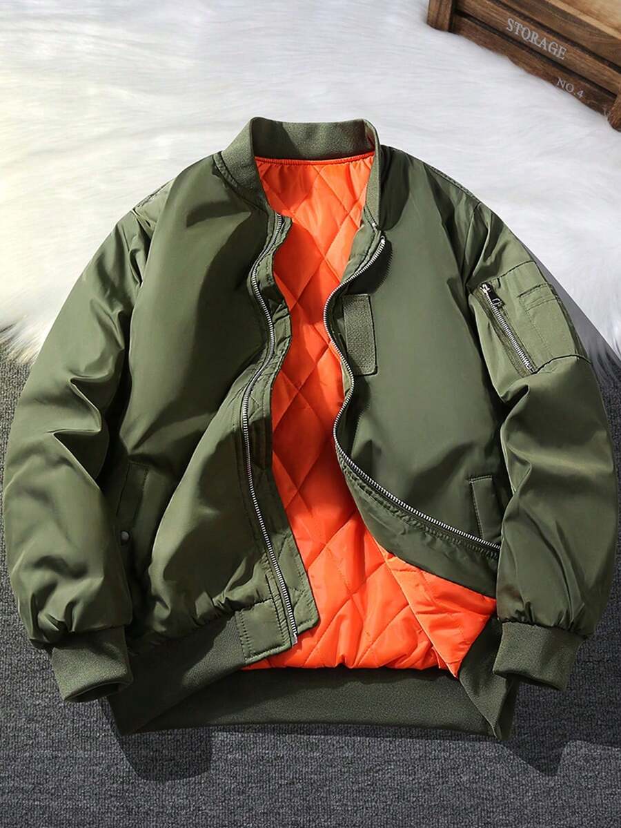 男士长袖纯色休闲立领棒球夹克 - 軍綠色 - 查看 1