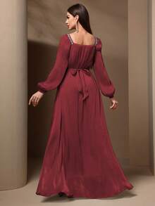 Solessence 女士优雅亮片拼接灯笼袖连衣裙，春夏 - 棗紅色 - 查看 2