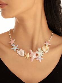 Colar de metal com concha e estrela do mar colorida, colar em camadas, adequado para fotografia de viagem na praia no verão, acessório doce e descolado