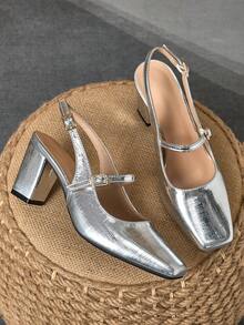 1 双女式蛇纹扣高跟鞋，性感时尚走秀模特高跟鞋，7 厘米粗跟，适合正式婚礼派对场合