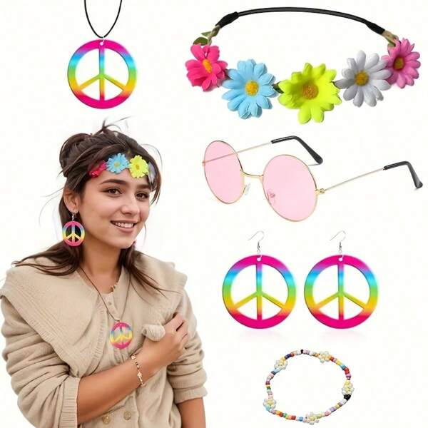 5pcs Hippie Costume Set, 60s 70s Party Accessories Include Round Sunglasses, Elastic Colorful Daisy Headband, Peace Sign Necklace, Boho Vintage Earrings, Fashion Festival Holiday Party Decorations Halloween