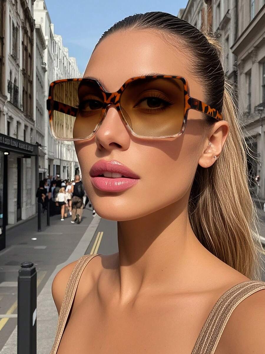 1 Pair Unisex Square Bohemian Style Sunglasses, Suitable For Street Style, Travel, Sports, Driving, Festivals, Outings, Summer Accessories, Vacations, Outdoor Activities, UV Protection, Golf, Hiking, Elegant Outfit, Sports, Parties, Outdoor Activities, Fishing, Holidays, Sun Protection - Leopard Tea - View 1