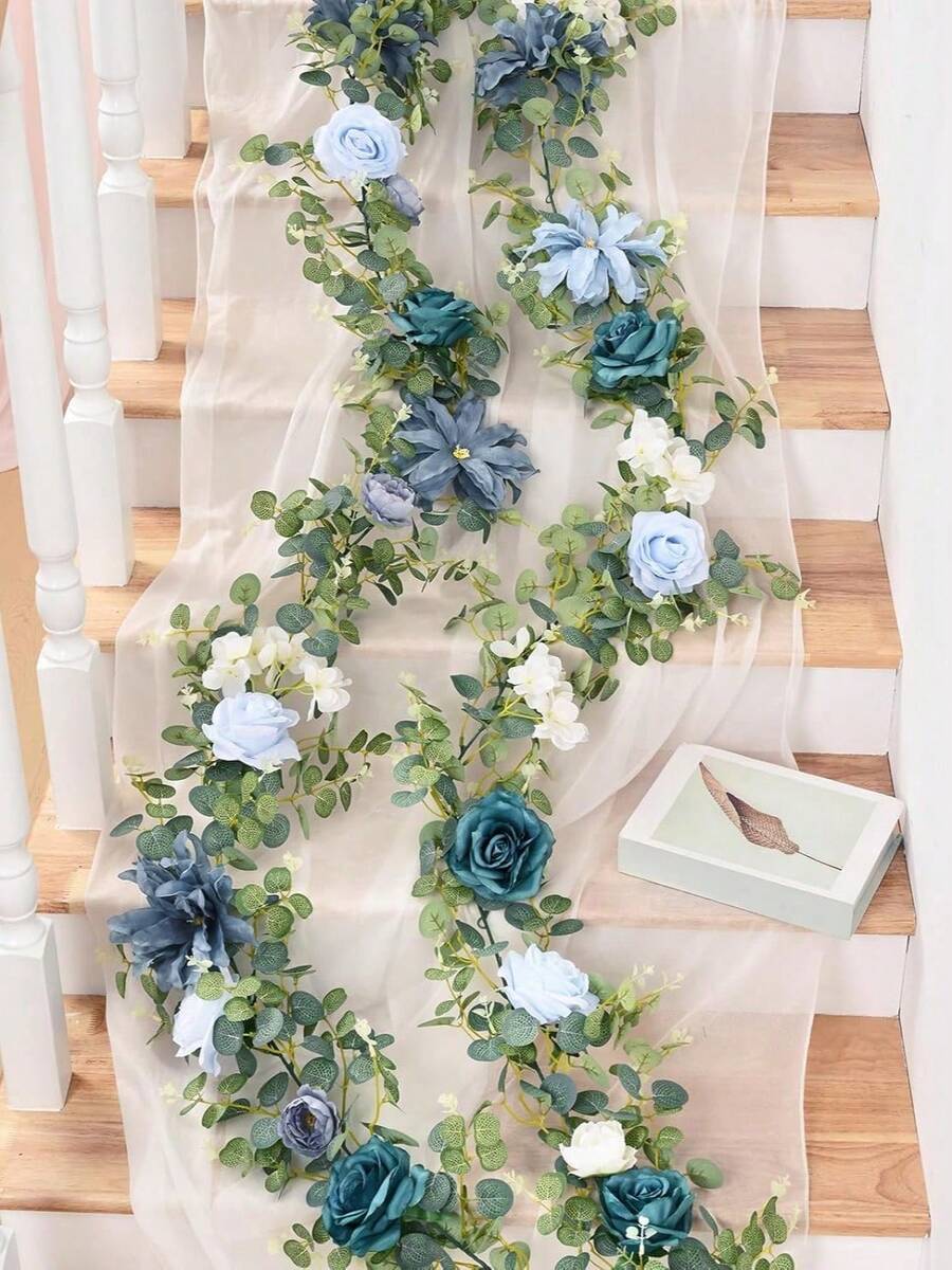 6.56Ft Artificial Eucalyptus Garland With Flowers - Wedding Table Decorations, Floral Rose For Centerpieces, Backdrop Wall Flower Vines, Room Decor - 藍色 - 查看 1