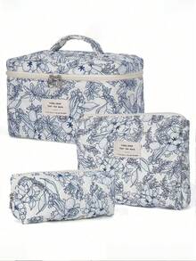 1 件花卉印花绗缝女士化妆包，柔软面料花卉印花拉链化妆包，适合存放化妆品、护肤品、口红、指甲油、发饰，非常适合家庭、旅行、新年/情人节礼物旅行必需品包，适合学校假期返校用品化妆包女士旅行包