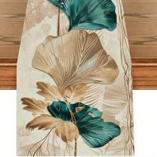 1pc Elegant Ginkgo Leaf Table Runner - Classic Chinese Style, Blue-Green And Gold Polyester Decorative Fabric, Suitable For Dining Room, Kitchen, Office Or Entryway, Luxury Home Decor, Dining Room Accessory, Nature-Inspired Design - Multicolor - View 2