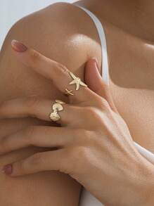2pcs Fashionable Coastal Beach Theme Golden Metallic Seashell & Starfish Rings Set, Suitable For Daily Wear, Banquet, Party, Beach