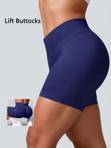 NcmRyu Women Solid Color Short Fitted Versatile Running Workout Shorts Thigh Raising And Abdomen Shrinking Pink Sports Shorts Small Thin With High Elasticity For Abdominal Control Yoga Gym - 藏蓝色 - 查看 8