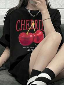 New Summer Women Cute Cherry Print Round Neck Casual Short Sleeve T-Shirt - Black - View 5