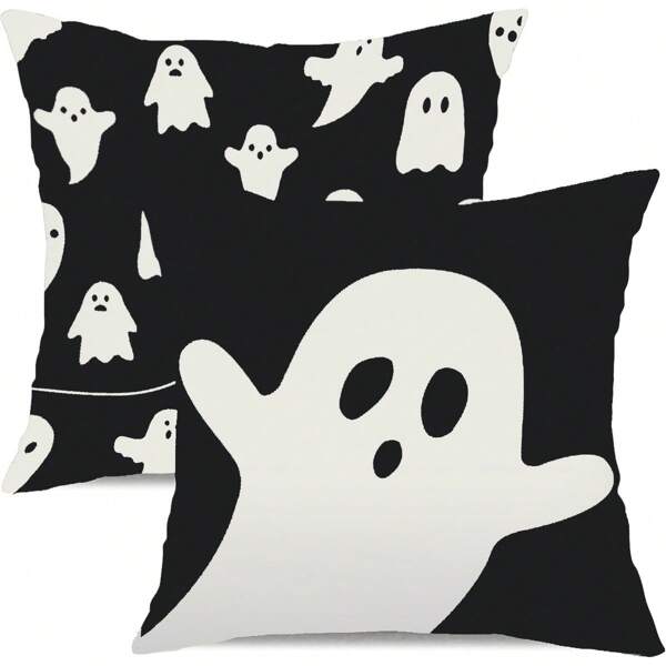 2 Fundas de cojín de Halloween, diseño minimalista de fantasma en blanco y negro, funda de terciopelo melocotón con cierre de cremallera estampada por un solo lado, decoración de Halloween para el hogar, adecuada para suministros de fiesta, sofá, cama, silla y decoración de patio exterior