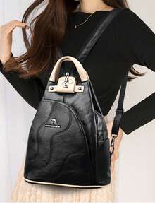 Ba lô nữ bằng da thật chất lượng cao, túi xách cỡ lớn phù hợp cho nữ sinh tuổi teen, túi đeo vai chống trộm khi đi du lịch. - Đen và trắng - Xem 9