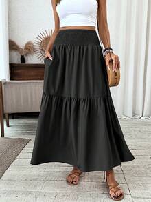 Plus Size Women Casual Solid Color Long Skirt Spring - Pure Black - View 3