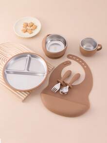 6PCS Print On Demand Silicone Bib Stainless Steel Cup Spoon Fork Sets Self Feeding Training Bowl Plate With Suction Base Tableware Sets, Shower Gift, Led Weaning, Personalized Gift - Multicolor - View 15