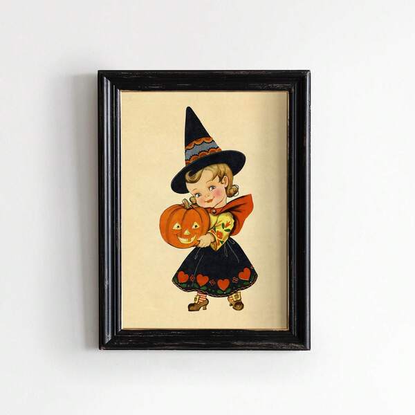 1pc Adorable Halloween Girl Printable Art Vintage Pumpkin Wall Decor & Kindergarten Digital Download, Frameless Retro Classroom Poster For Nursery/Playroom/Dorm, Back To School Teacher Gift & Funny Kids Decor