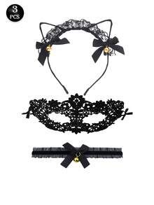 Bộ đồ lót gợi cảm 3 món, tai mèo đen, nơ, bịt mắt ren, phụ kiện trang phục nhập vai cho nữ, Rave - màu đen - Xem 8