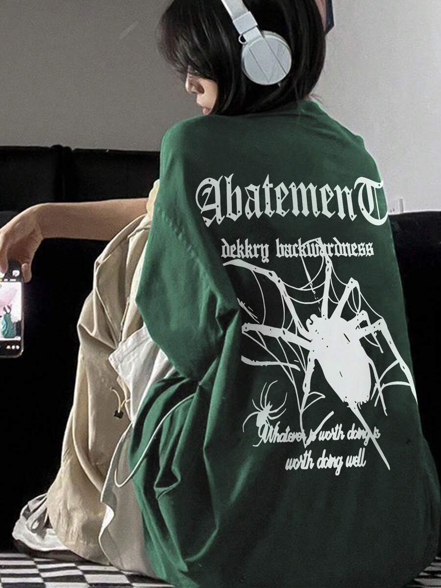 Teen Girls Gothic Spider Graphic Tee, White Short Sleeve T-Shirt With Slogan Print, Bold For Summer/Party - Dark Green - View 1