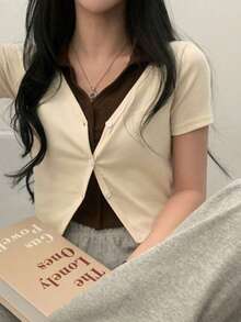 YCYC Korean Style Elegant Slimming 2 In 1 Short Sleeve Button-Up Top Summer - Apricot - View 3