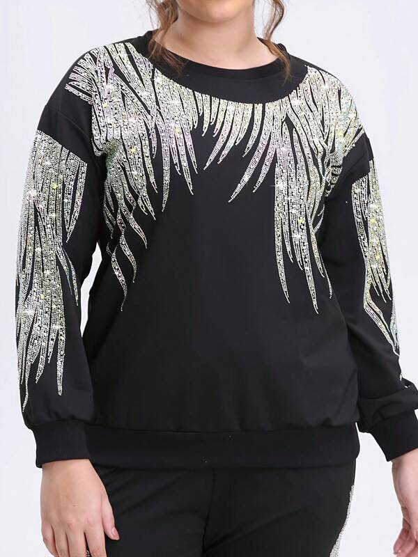 Damen Sweatshirt in Übergröße mit Rundhalsausschnitt - Y2K Sparkling Rhinestone Graphic Geometric Pattern Pullover, Schwarz Casual Party Tops für Herbst & Frühling