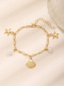 1 pieza Pulsera elegante y linda de niñas con estilo océano creativo, con colgantes de concha, estrella de mar y perla falsa, ideal para uso regular, vacaciones de playa y verano