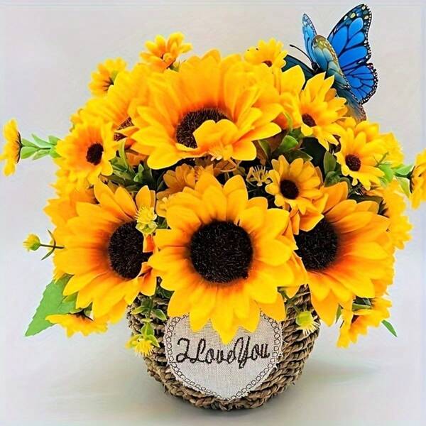 1pc Handcrafted Woven Basket With "I ♥ LOVE YOU" Center Decor - Vivid Artificial Sunflower Planter Decor, Suitable For Living Room, Wedding, Aesthetic Spring/Summer Decoration, Indoor Decor/Afternoon Tea Accessory
