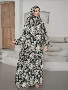 1 件印花头巾连体衣 Abaya，具有吸湿、透气、防静电功能，正面拉链，宽松剪裁，简洁方便，适合女性日常穿着、祈祷和外出。情人节女士面纱 - 彩色 - 查看 18