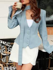 Women's Solid V-Neck Scarf Decor Button Front Casual Blazer Jacket, Long Sleeve, Office Wear, Spring/Autumn - Blue - View 2