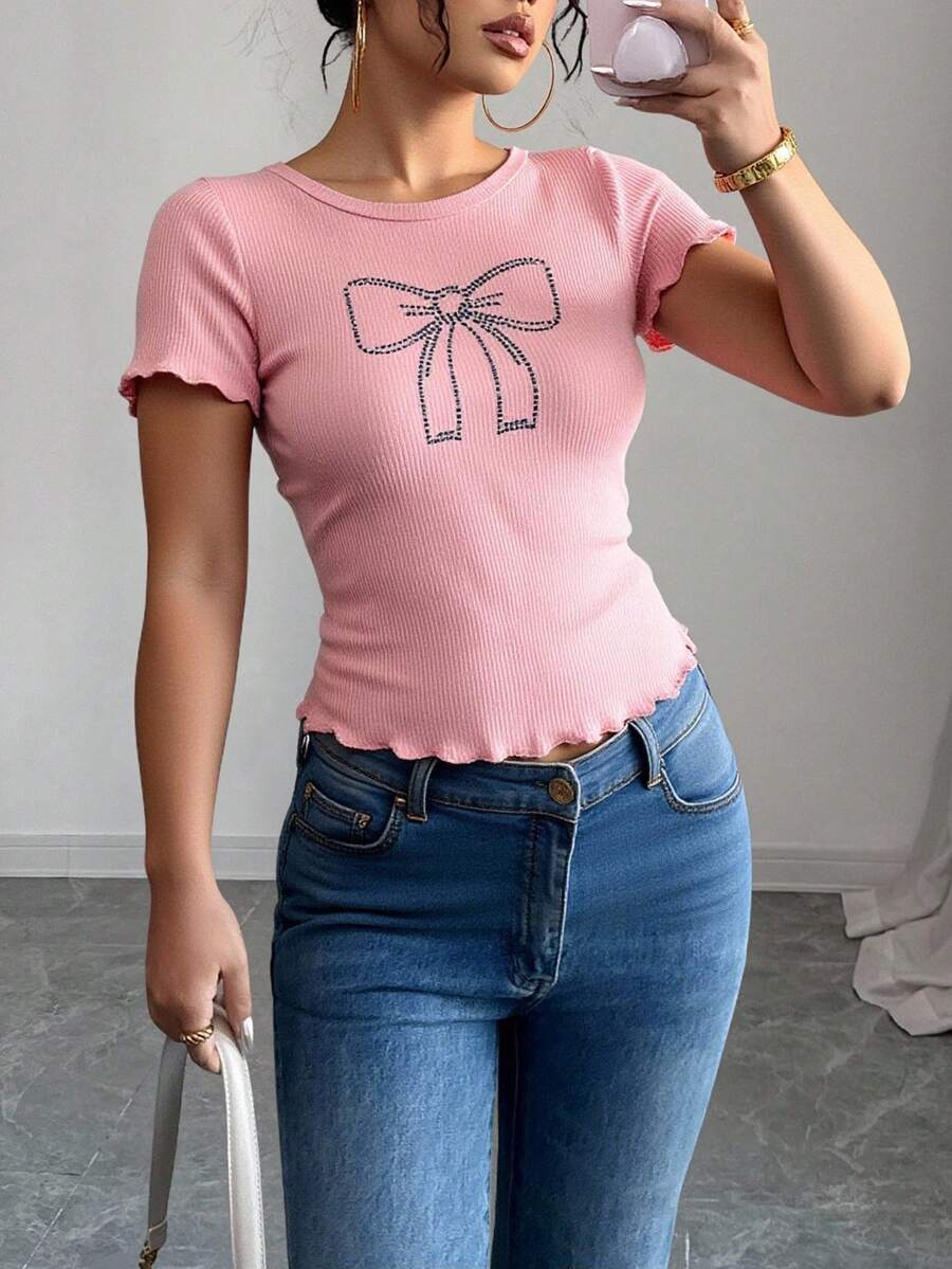 Ribbed Blouse With Beaded Bow, Short Sleeves, And A Wave-Like Finish – Fashion 2025