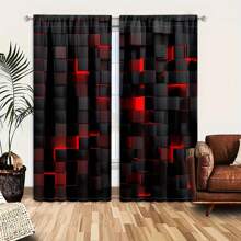 2pcs Semi-Blackout Curtains With Grommet Top - Modern Geometric Red & Black Print, 100% Polyester Peach Light Beige Fabric, Machine Washable For Bedroom, Living Room, Office, Kitchen - All-Season Home Decor, Living Room Curtains, Privacy Window, Contemporary Window Style, Soft Texture Fabric