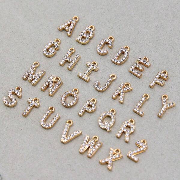 26pcs Rhinestone Inlaid Zinc Alloy A-Z English Alphabet Charm Earrings, Pendant, Necklace, Bracelet, Phone Case, Zipper Pulls, DIY Jewelry Accessories