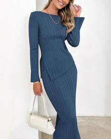 Women 2 Piece Outfits Long Sleeve Asymmetric Slit Hem Tops Midi Bodycon Skirt Sets Lounge Knit Sweater Set