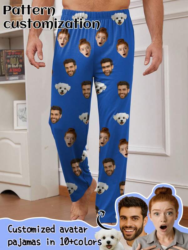 [Customized Photo Pajamas] Personalized Comfortable Men's Photo Pajama Set With Elastic Waistband, Machine Washable, Suitable For Casual Relaxation