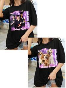 定制 Y2K 女式超大 T 恤，上传您的自拍/朋友/宠物照片，输入您的文字/祝福/姓名/有意义/有趣的文字，女士黑色休闲宽松短袖 T 恤，节日礼物，毕业礼物，返校礼物，音乐节欢呼，纪念礼物，创意礼物，情侣/好友搭配，团队建设制服，企业定制 - 黑色 - 查看 2