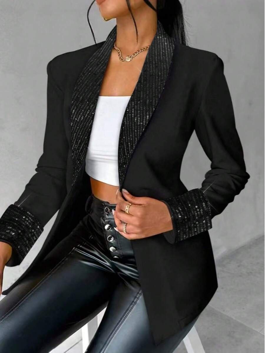 Women's Elegant Sequin Lapel Blazer Jacket, Solid Polyester Long Sleeve Regular Fit, All Season Woven Jacket With Contrast Details - màu đen - Xem 1