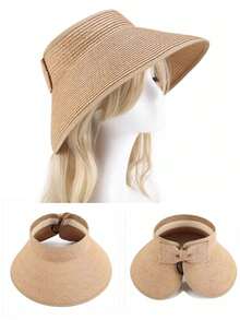 Women's Sun Visor Hats Wide Brim Straw Beach Hat Ponytail Hats For Women Foldable Floppy - A - View 4