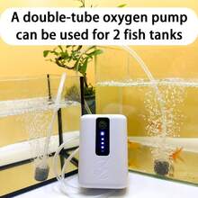 雙出水口魚缸氧氣泵－靜音運作－內建功耗顯示，USB雙電源供電，連續/間歇供氧模式，魚缸泵，附氣管與氣石，適用於魚缸、池塘及戶外釣魚 - 彩色 - 查看 5