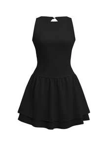 Women's Solid Color Fitted Backless Christmas Dress - Black - View 3