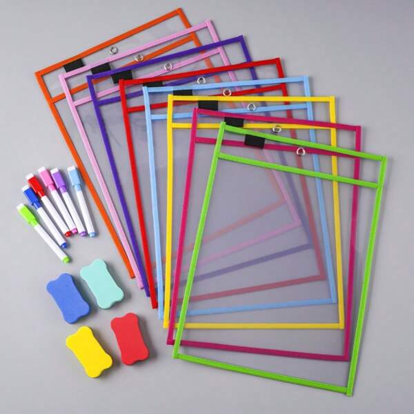 6/12 Sacos transparentes de dupla face apagáveis para quadro branco, sacos para pendurar pastas de escrita, sacos coloridos para grafite e pintura, sacos de armazenamento de PVC, jogos de alfabetização, acessórios interativos, perfeitos para salas de aula, famílias, artigos de papelaria para alunos e ferramentas de ensino.