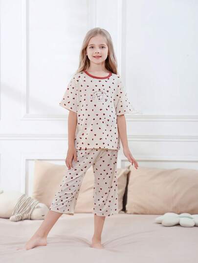2pcs Sets Summer Children's Pajamas Sets Cotton Cartoon Love Dog Print Girls Sleepwear Soft And Cozy Thin Style Short Sleeves Top And Pants