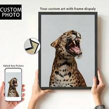 1 pieza, foto personalizada, marco de madera y plexiglás pulido, una imagen de un leopardo sonriendo es muy interesante, póster de arte impreso en lienzo personalizado, perfecto para familias, parejas, recuerdos de mascotas y un regalo perfecto para aniversarios