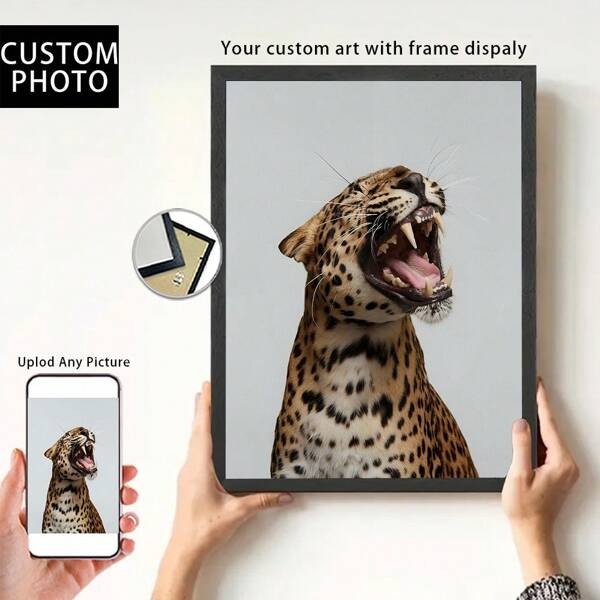 1 pieza, foto personalizada, marco de madera y plexiglás pulido, una imagen de un leopardo sonriendo es muy interesante, póster de arte impreso en lienzo personalizado, perfecto para familias, parejas, recuerdos de mascotas y un regalo perfecto para aniversarios