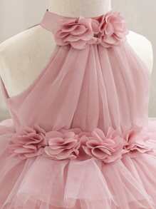 Baby Girls' Elegant Fuchsia Sleeveless Floral 3D Mesh Princess Dress, Adorable Party Gown Suitable For Girl's 1st Birthday, Wedding, Banquet, Holiday, Festival Celebration