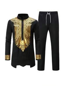 Idopy Men's Matching Middle Eastern Outfit Set Print Shirt And Pants - màu đen - Xem 1