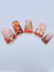 10 件 Y2K Nails 别致鸭嘴指甲套装 - 手工制作，黄色指甲，黄黑渐变法式风格，手工 3D 花朵搭配黄色花瓣，手绘橙色翅膀和斑马纹法式尖头，粉色小花元素设计，闪亮水钻和金色蝴蝶点缀 - 适合女士和女孩，派对、婚礼、日常佩戴，包含工具包。鸭嘴指甲。手工按压指甲。假指甲。美甲用品 美甲用品 指甲 - 彩色 - 查看 3