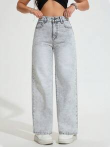 Calça jeans feminina reta e versátil, casual e solta, com bolso - Cinza - Ver 5