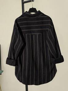 Women's Casual Commuter Striped Embroidered Shirt Black Spring - Black - View 3