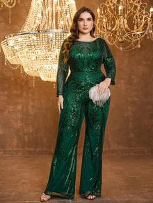 SUPGIR Plus 女款【随机印花】圆领灯笼袖修身亮片优雅喇叭裤 - 墨綠色 - 查看 3