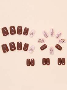24pcs/Set Short Square Nails Fall And Winter Simple Rose Gentle Removable Fit Fake Nails Suitable For Students, Office Ladies, Party And Daily Wear Full Coverage Fake Nails Art Patches Press-On Nail Art Supplies +1pc Gel Jelly + 1pc Nail File Decorate Your Nails Enhance Your Fashionable Taste Nail Patches