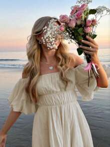 Vestido corto con hombros descubiertos, estilo vacaciones en la playa - Albaricoque - Ver 4
