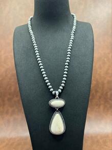 Retro Western Country Style Faux Pearl CCB Beaded Necklace Chain With Water-Drop Pendant, 3 Layers Chain Design, Matching Rectangle Earrings, Suitable For Women And Girls To Pair With Daily Outfit, Party Accessories, Jewelry, Gift For Family/Friends/Yourself