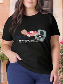 Lilo Stitch Can't Adult Today Hawaiian Oversize Women T-Shirt For Women (Plus Sizes)-Soft & Breathable-Lightweight & Airy-Premium Cotton Blend-Ultra-Soft Fabric-All-Day Comfort-Y2K -Everyday Essential-Effortless- - 黑色 - 查看 1